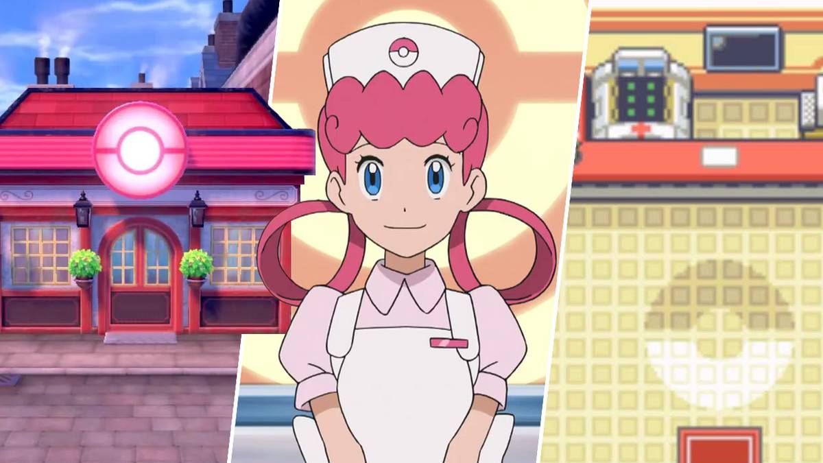 Nurse Joy and some exterior and interior shots of a Pokemon Center