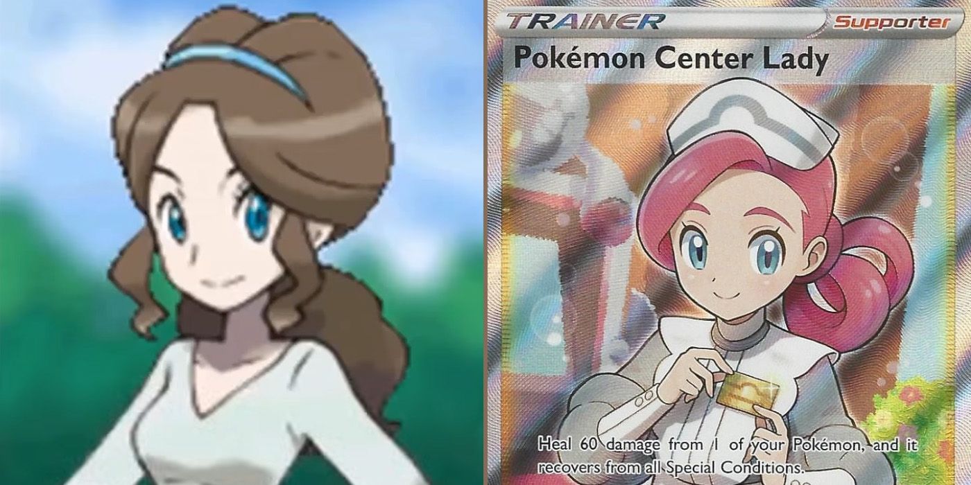 The protagonist's mother in Black 2 and a Pokemon Center Lady trading card