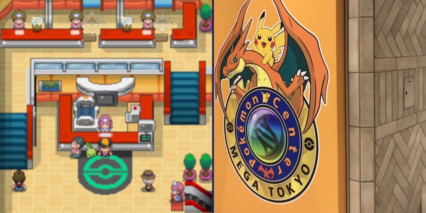 A Pokemon Center in the game and a sign for the Mega Tokyo center in Japan