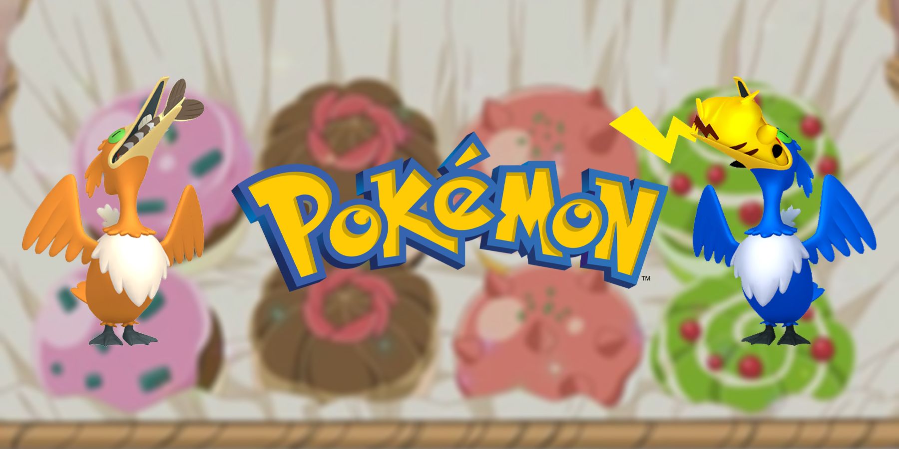A shiny Cramorant and regular Cramorant with the Pokemon logo in front of a background of Poke Puffs.
