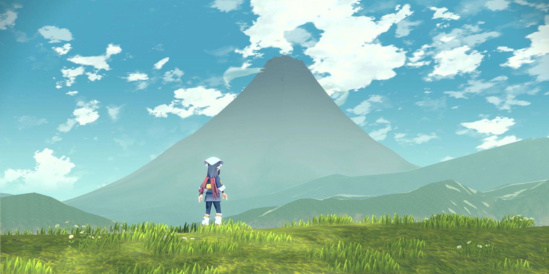Легенды о покемонах: главный герой Аркеуса смотрит на далекую гору.