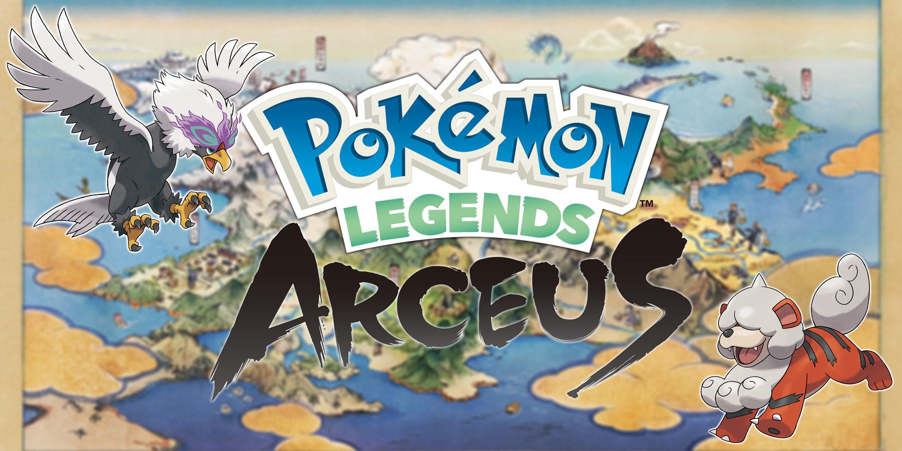 Pokemon Legends: Arceus logo with Huisian Braviary and Huisian Growlithe in front of the Huisi region map.