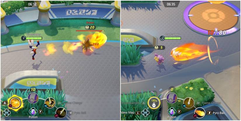 player using a ranged fire move and a melee one.