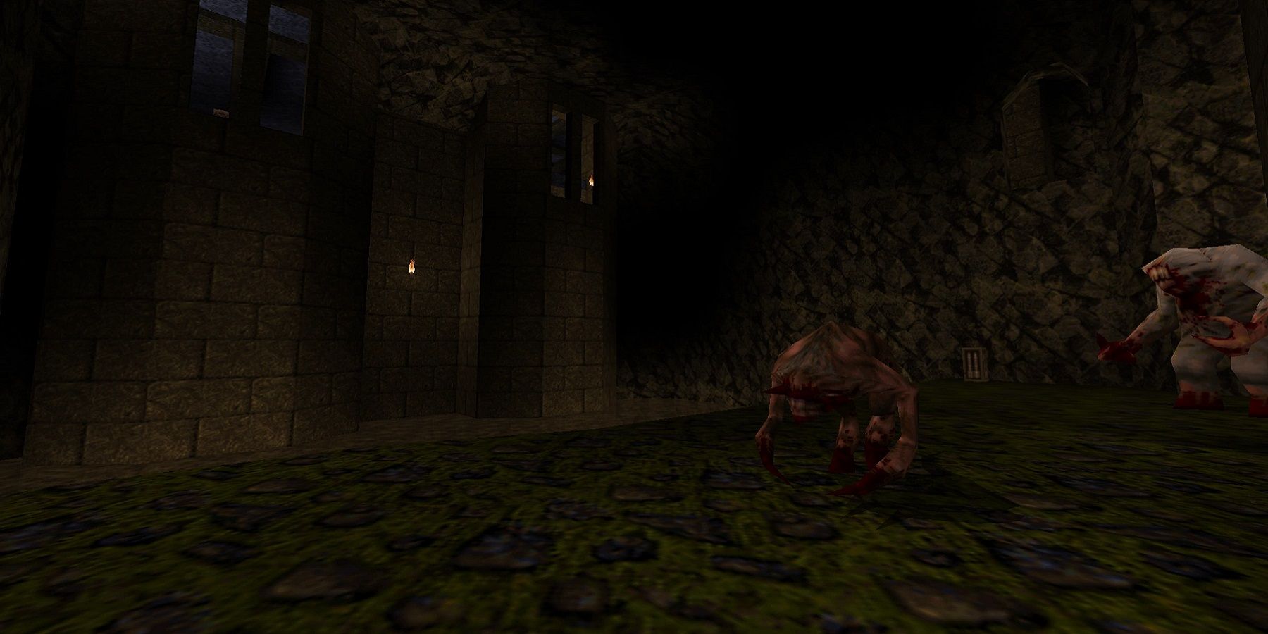 Screenshot from the Quake 1 level E2M6 showing a shambler and a fiend.