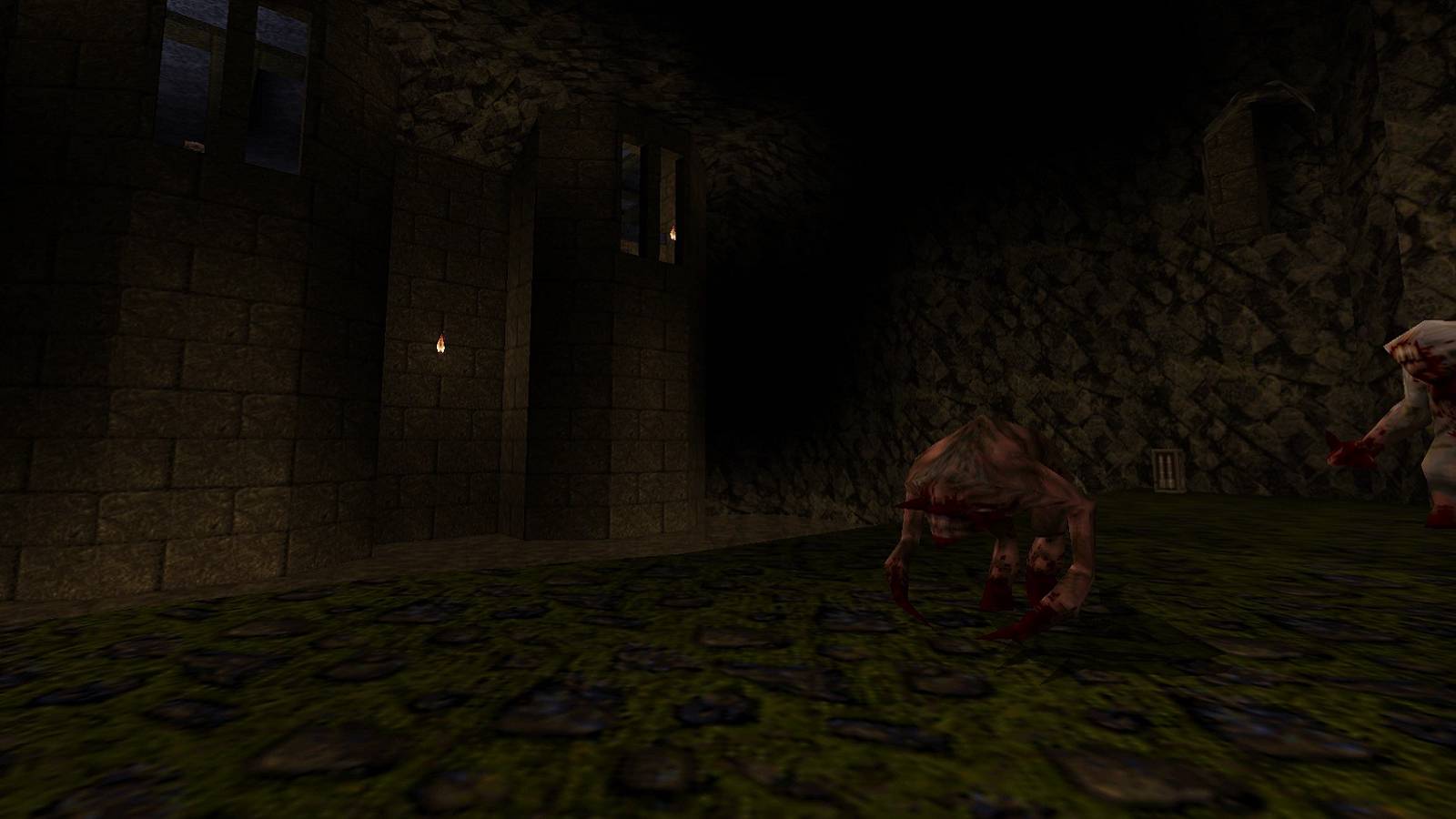 Screenshot from the Quake 1 level E2M6 showing a shambler and a fiend.