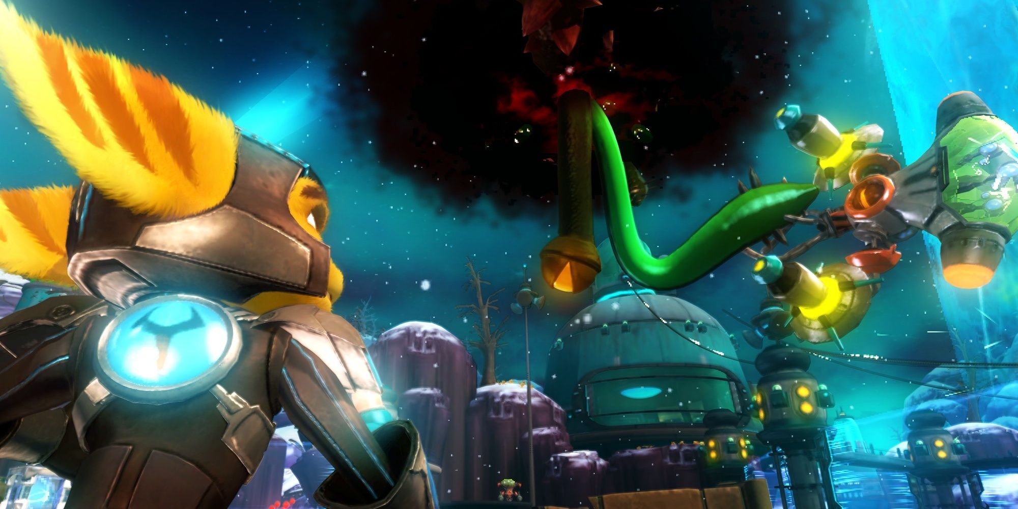 Ratchet and clank, crack in time, ratchet facing a big worm