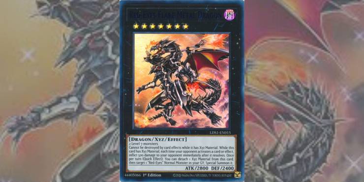 Yu-Gi-Oh! Card Red-Eyes Flare Metal Dragon against background made from card art.