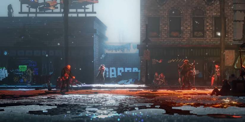 Replaced, protag walking down a decrepit city street