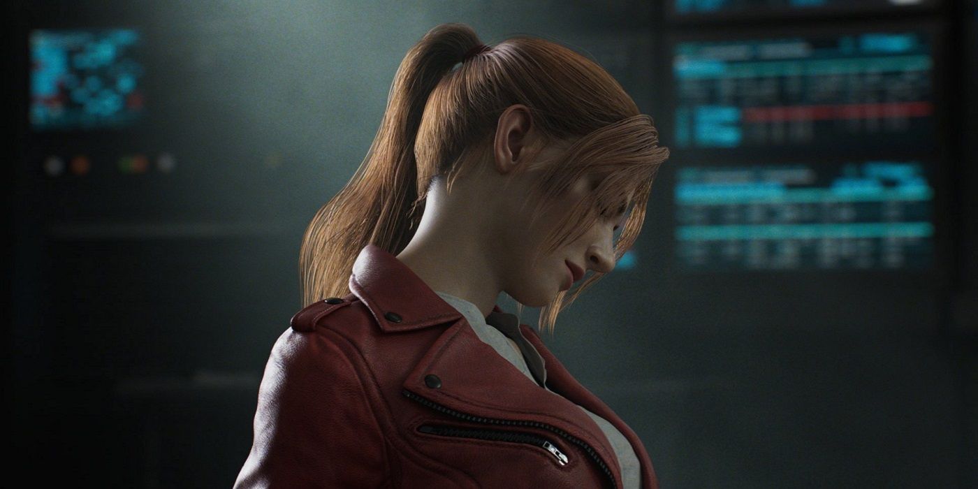 Screenshot from the Resident Evil 2 remake showing Claire Refield in her signature red jacket.