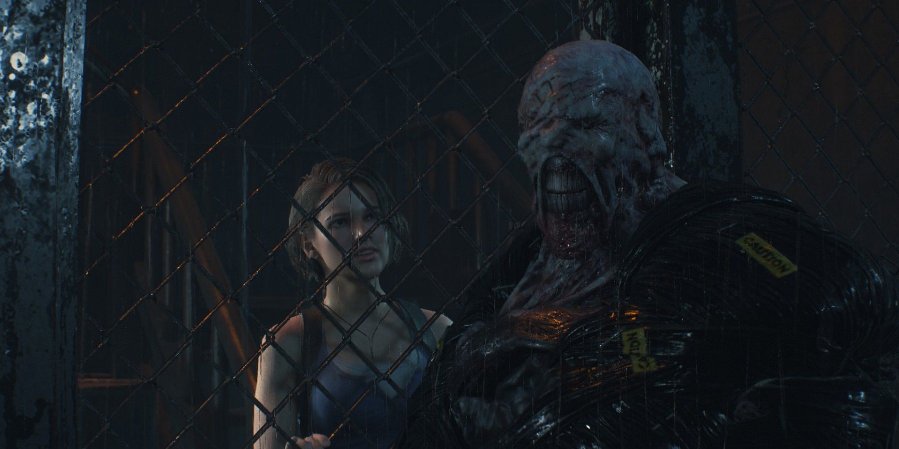 Screenshot from the remake of Resident Evil 2 showing Leon has now been replaced by Nemesis.