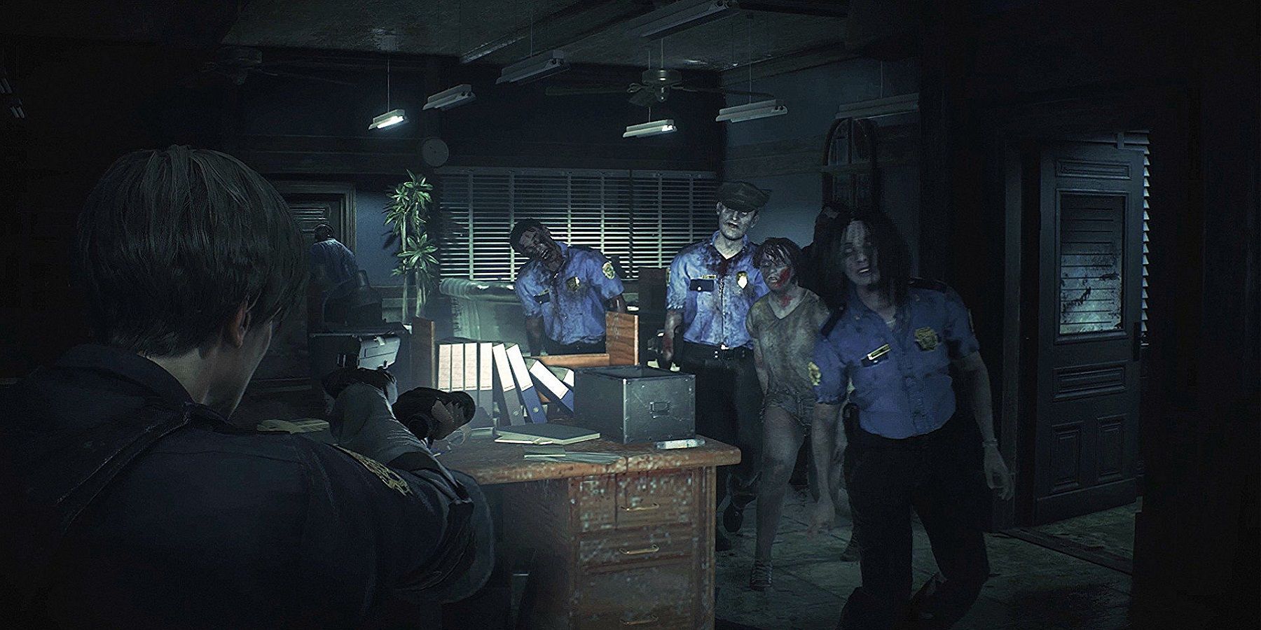 Screenshot from Residnet Evil 2 Remake showing Leon shooting at police zombies.