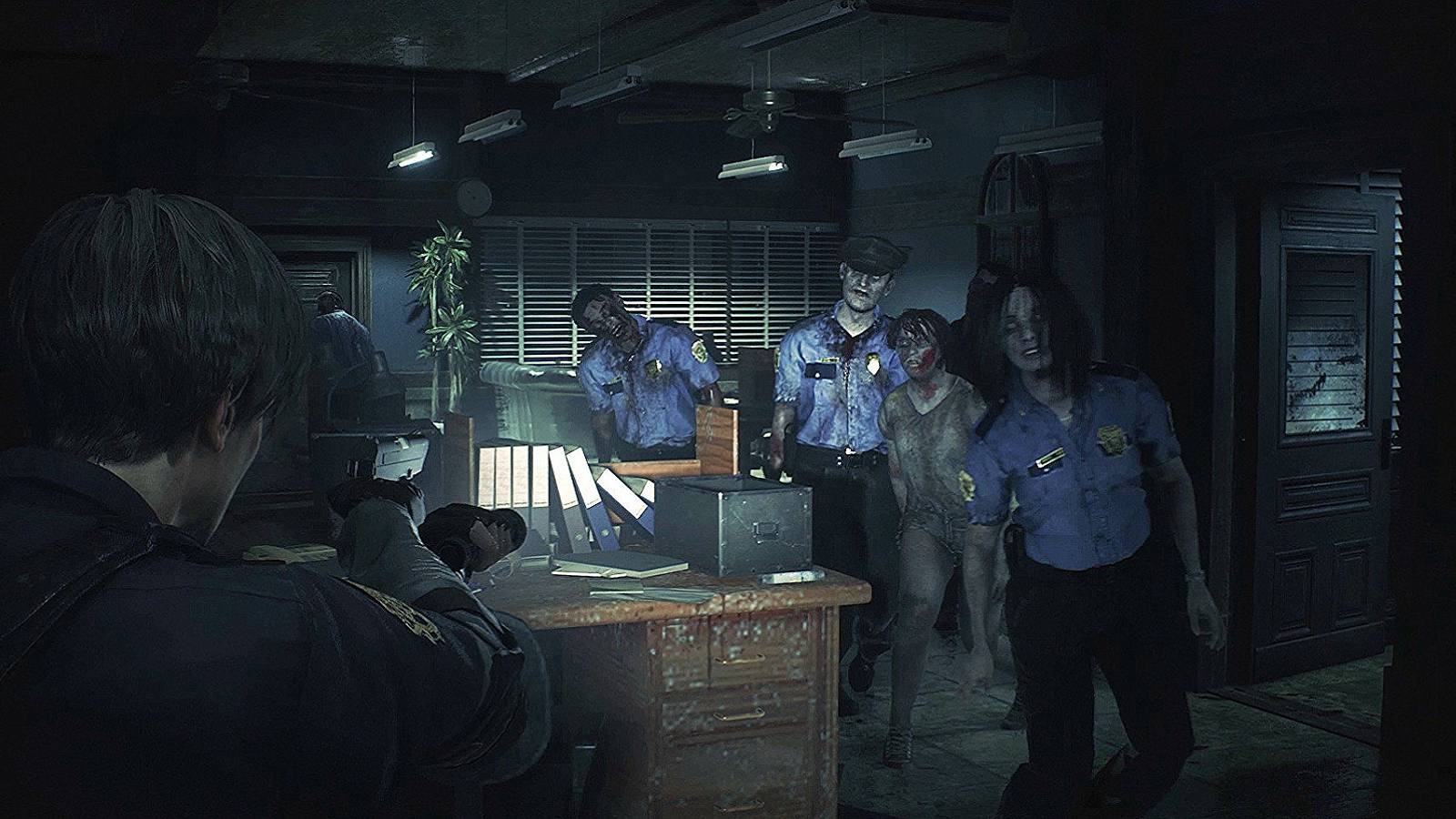 Screenshot from Residnet Evil 2 Remake showing Leon shooting at police zombies.