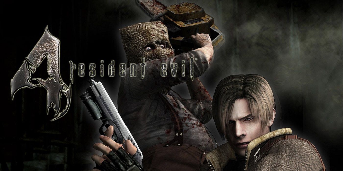 Artwork from Resident Evil 4 showing the chainsaw guy about to attack Leon.