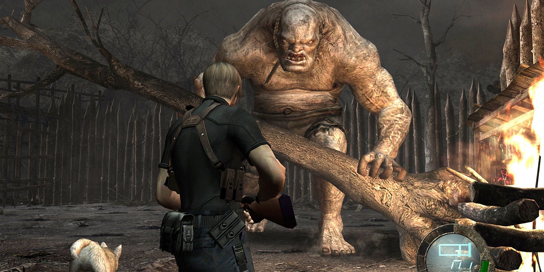 Screenshot from Resident Evil 4 showing Leon about to fight El Gigante.