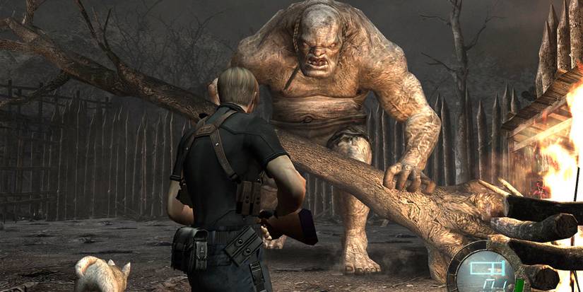 Screenshot from Resident Evil 4 showing Leon about to fight El Gigante.