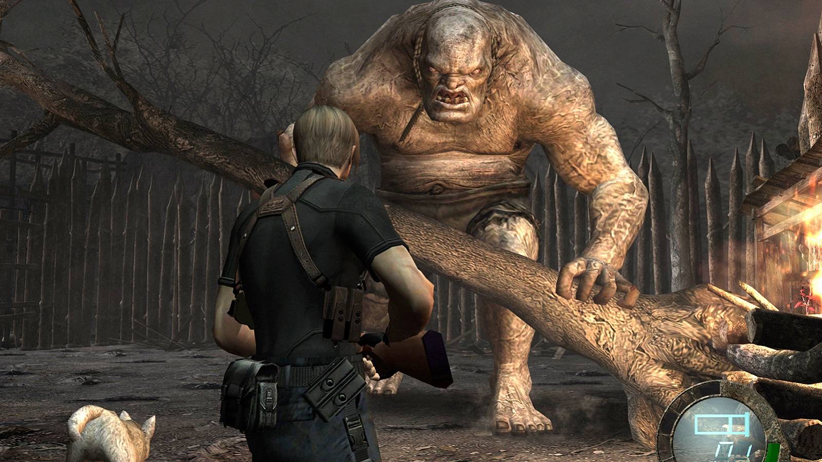 Screenshot from Resident Evil 4 showing Leon about to fight El Gigante.