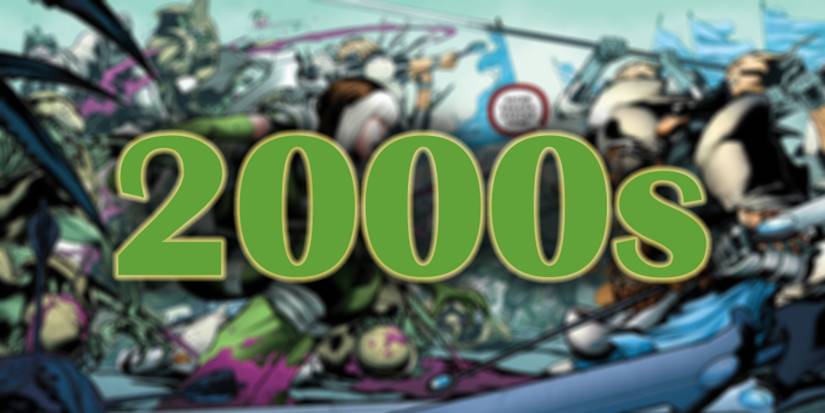 The 2000s on top of a background of the character Rogue in a comic panel.