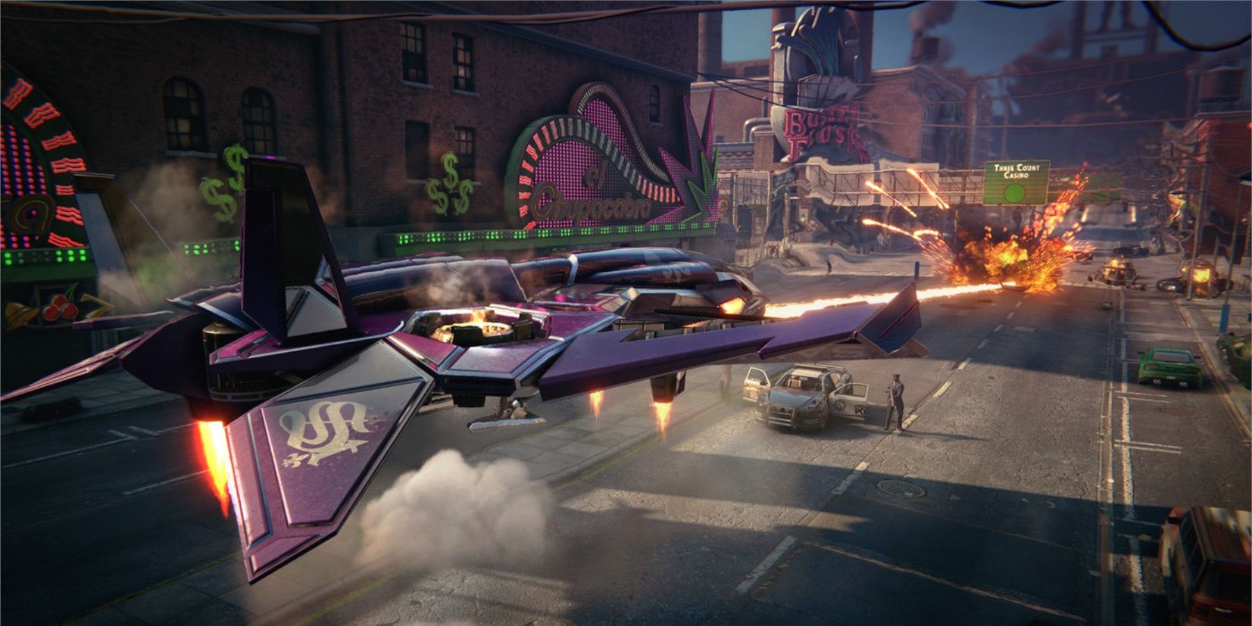 A Purple Jet shooting lasers in Saints Row: The Third