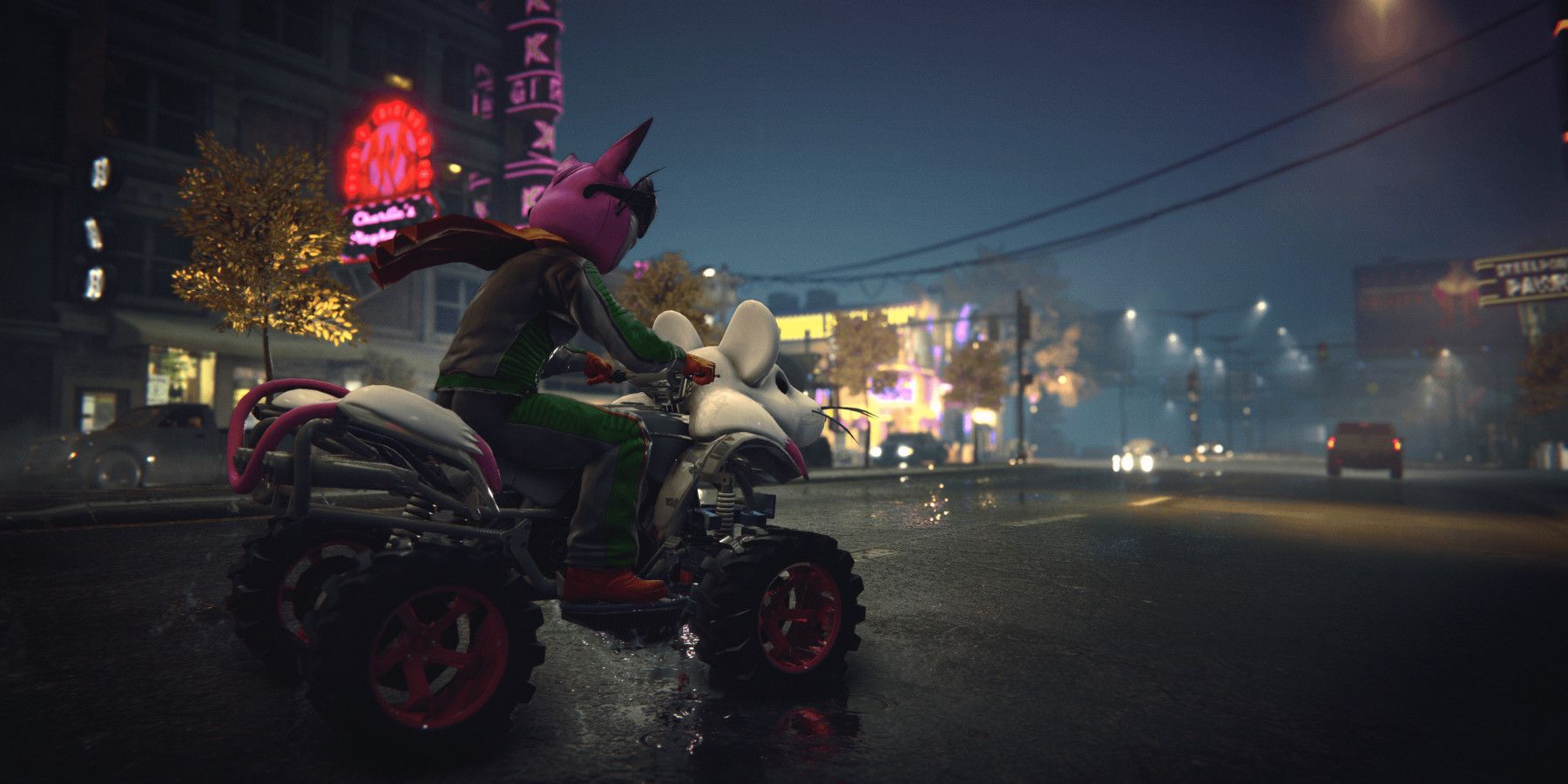 A player in the Genki costume on an ATV in Saints Row: The Third