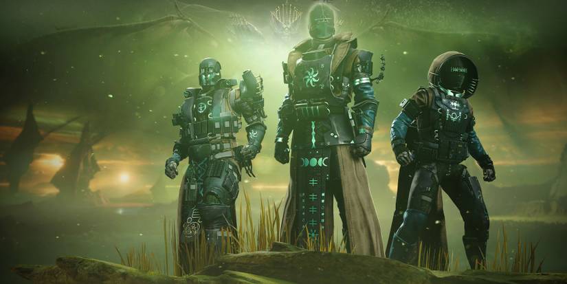 Three Guardians: a Titan (Left), a Warlock (Center), and a Hunter (Right), stand in the grass of Savathun's Throne World as the Hive Witch Queen spreads her moth-like wings in the background.