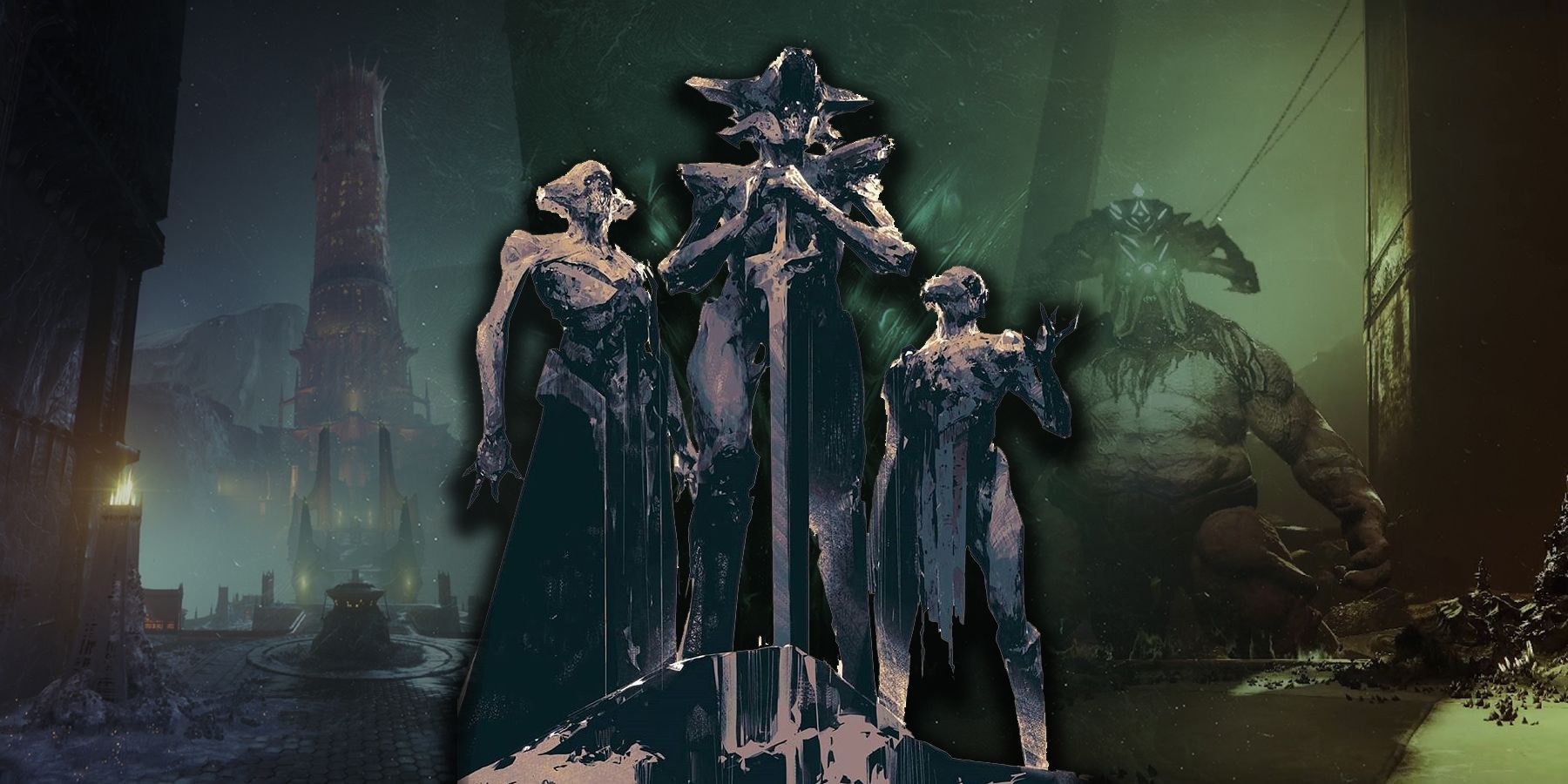 Destiny 2's Hive Gods: Savathun the Witch Queen, Xivu Arath the God of War, and Oryx the Taken King.