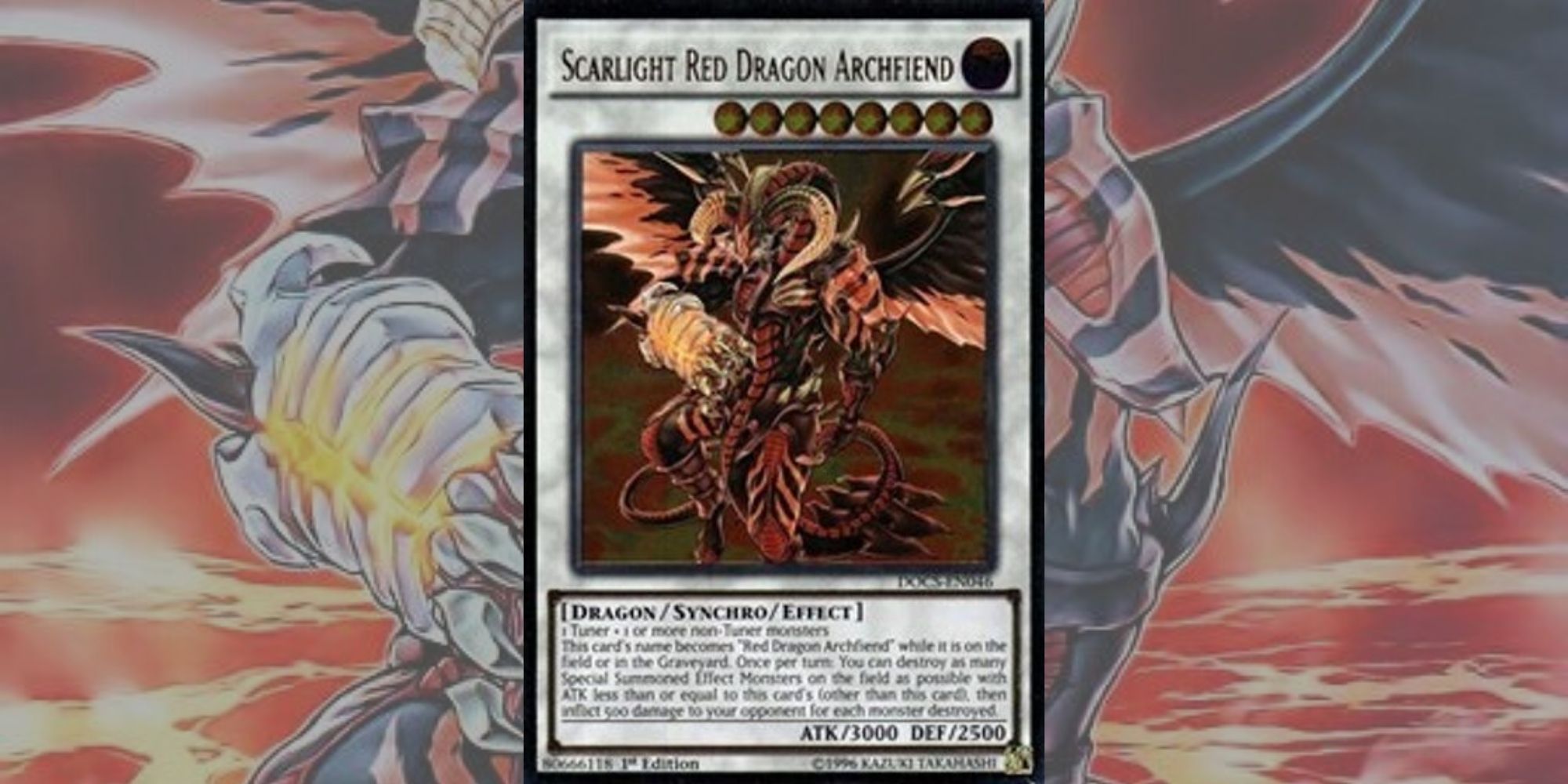 Yu-Gi-Oh! Card Scarlight Red-Dragon Archfiend against background made from card art.