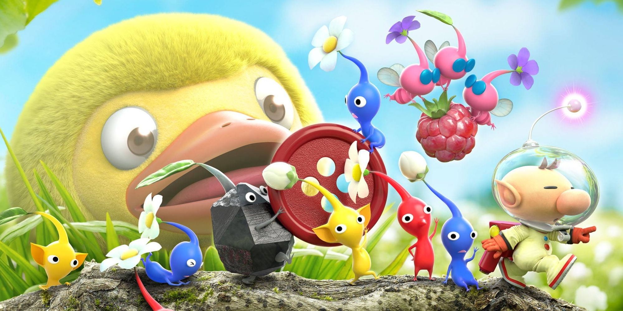pikmin and Olimar marching on a branch