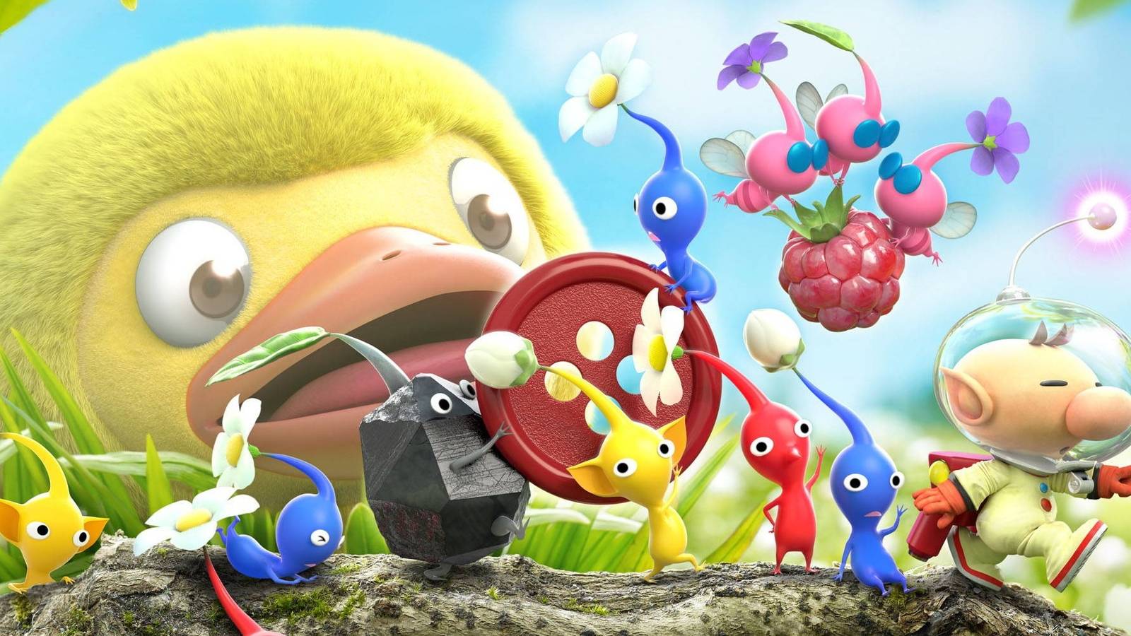 pikmin and Olimar marching on a branch