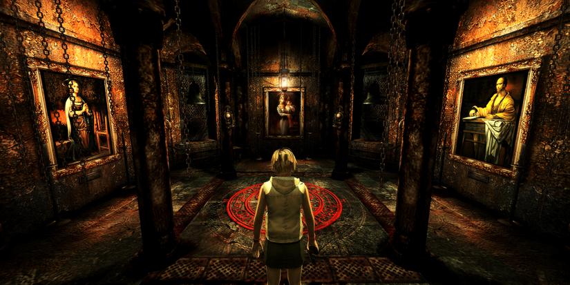 Screenshot from Silent Hill 3 showing Heather stood in a creepy room with paintings on the wall.