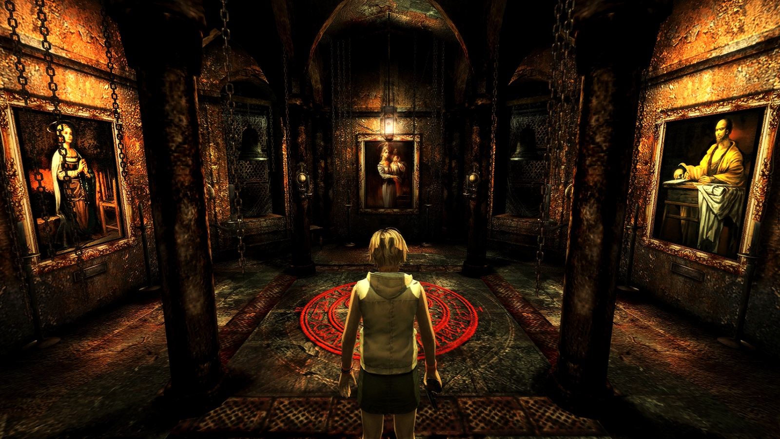 Screenshot from Silent Hill 3 showing Heather stood in a creepy room with paintings on the wall.