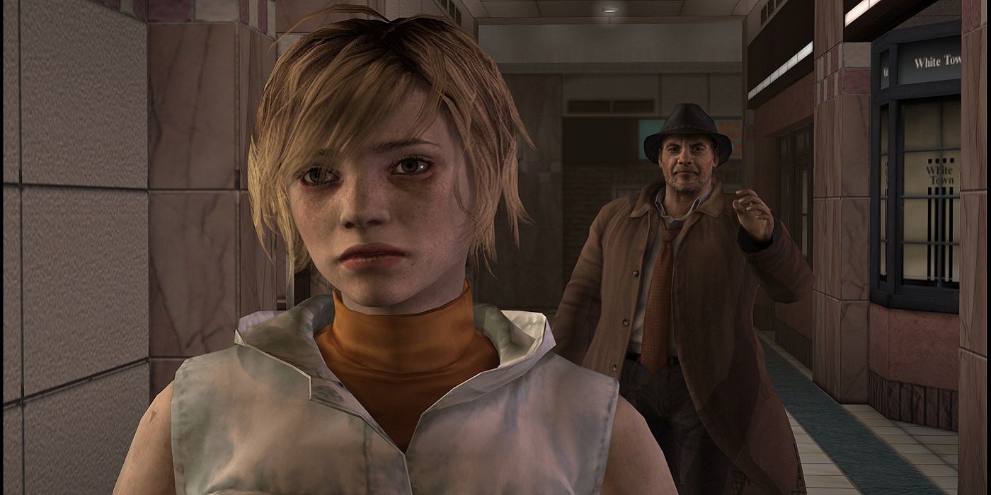 Screenshot from Silent Hill 3 showing Heather being approached from behind by Douglas Cartland.
