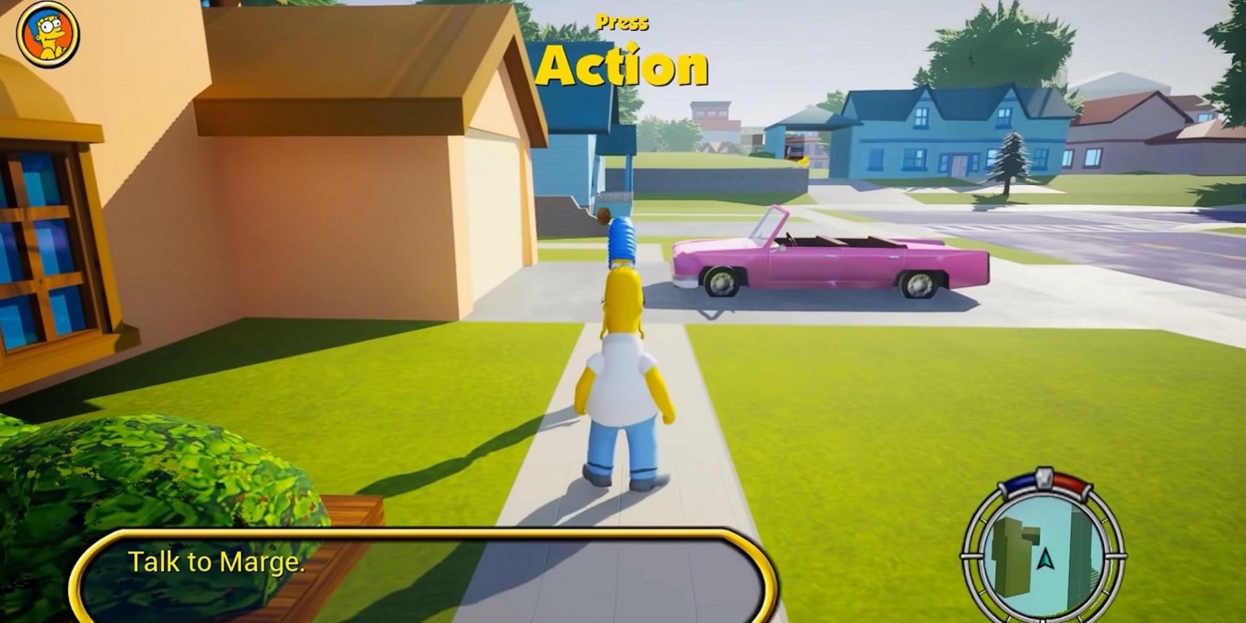 Screenshot from The Simpsons: Hit and Run fan-made remaster showing Homer approaching Marge in the driveway.