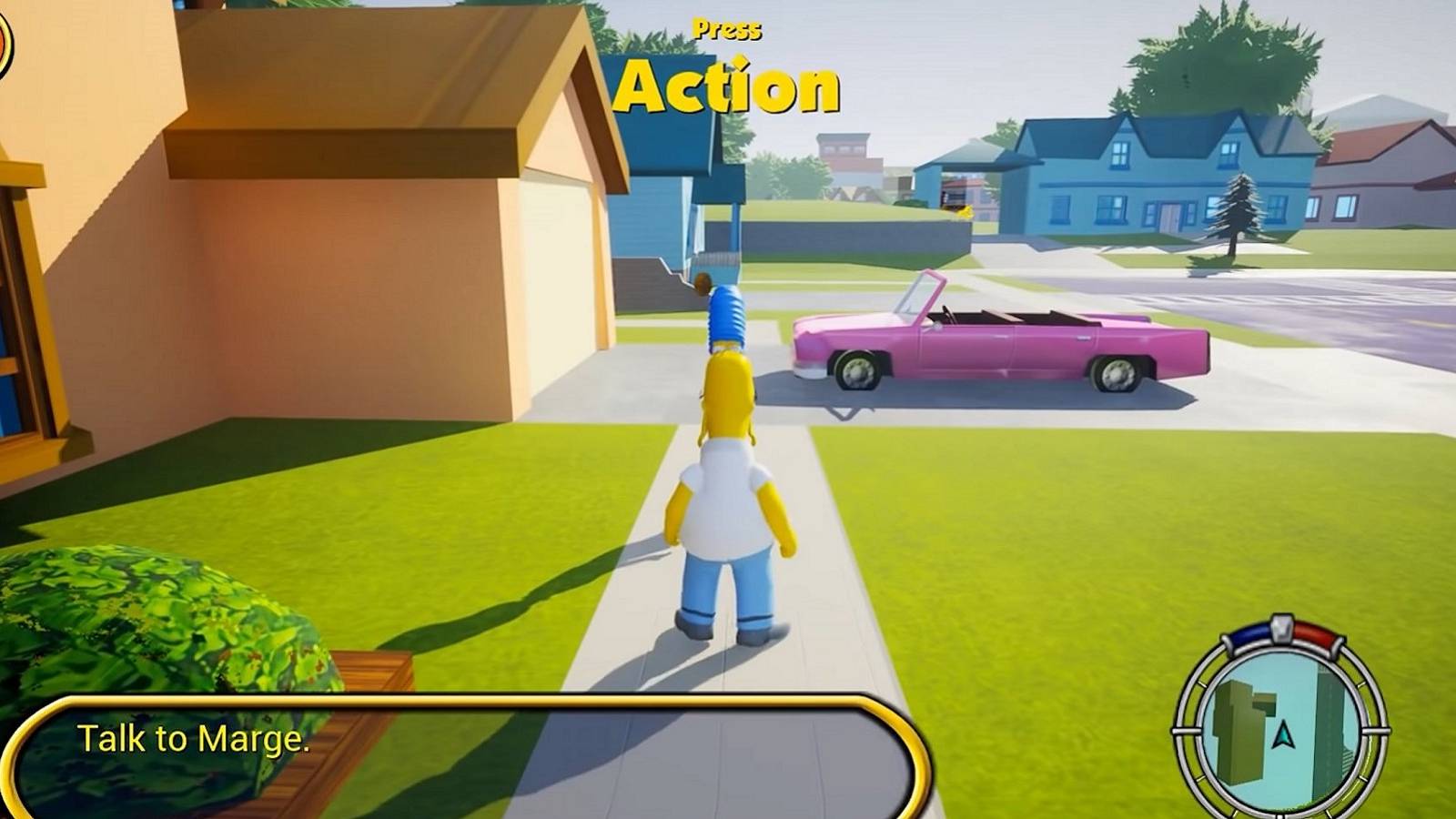 Screenshot from The Simpsons: Hit and Run fan-made remaster showing Homer approaching Marge in the driveway.