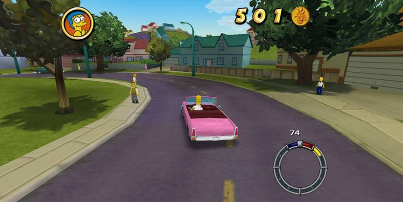 Screenshot from The Simpsons: Hit and Run showing Homer driving his car..