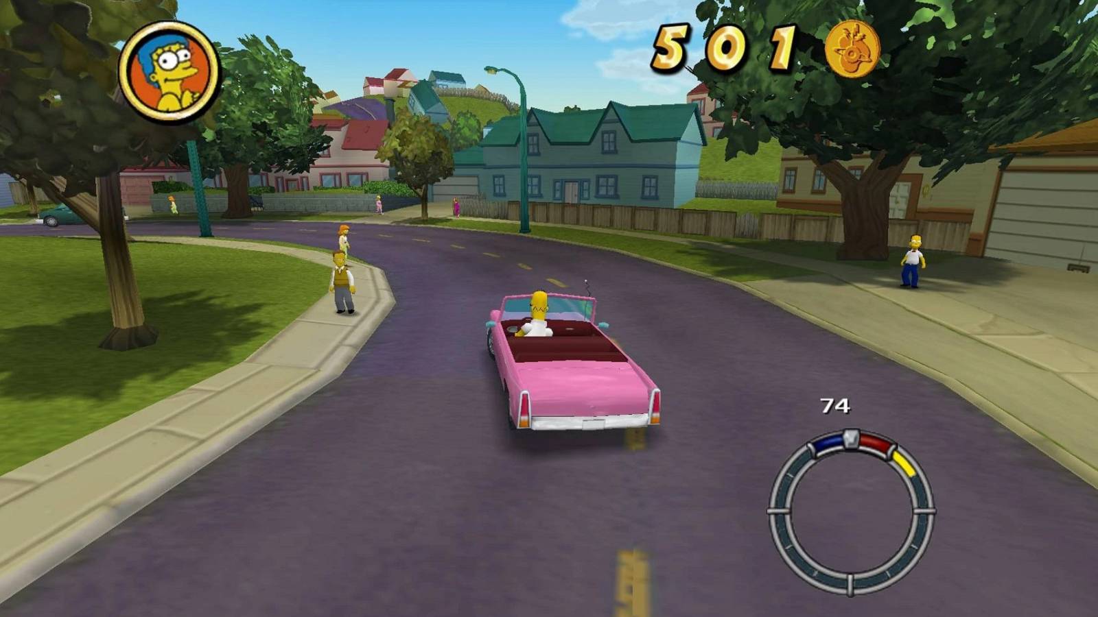 Screenshot from The Simpsons: Hit and Run showing Homer driving his car..