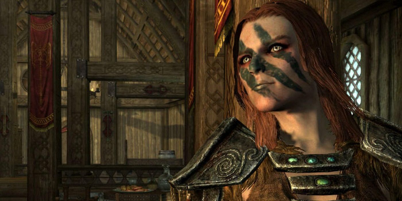 Screenshot from Elder Scrolls 5: Skyim showing the Huntress Aela.