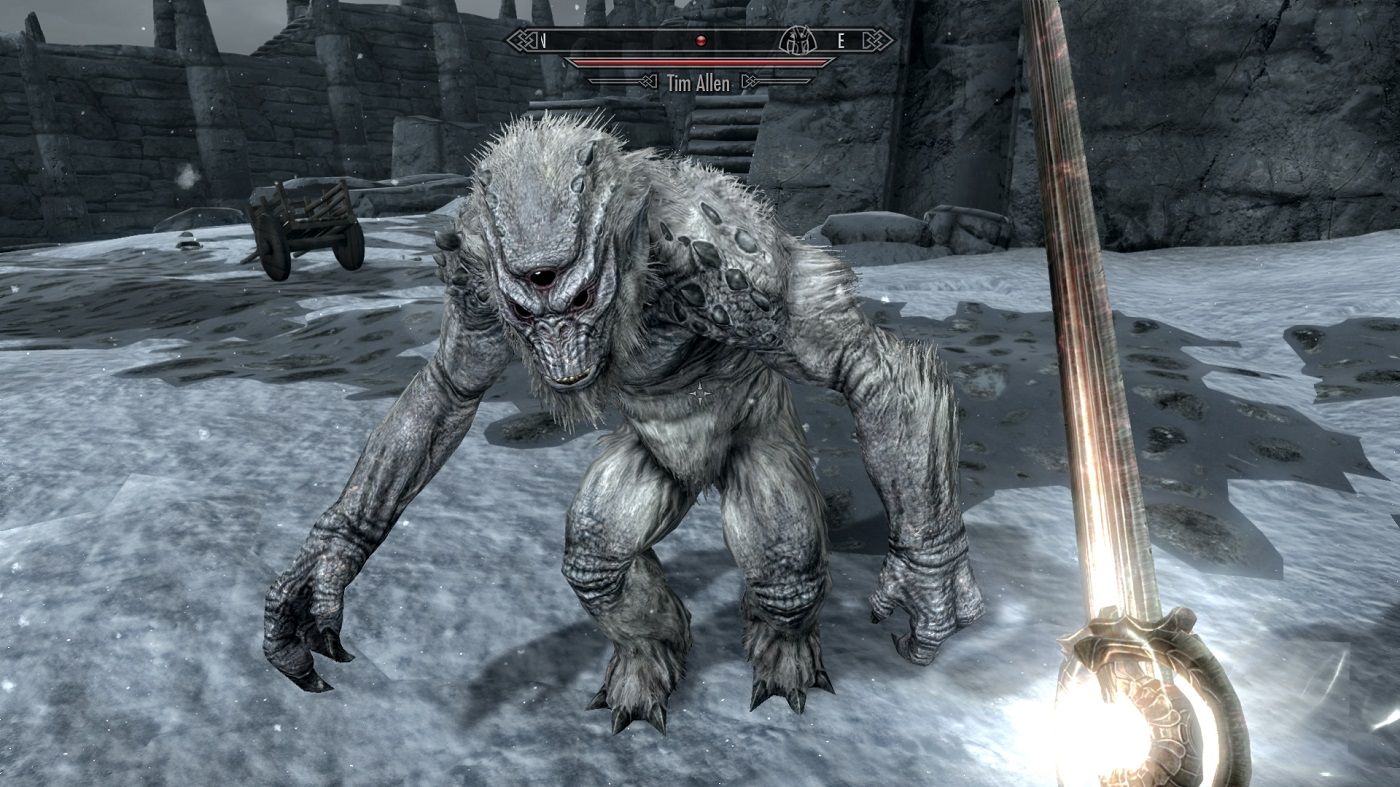 Screenshot from Skyrim showing a frost troll called &quot;Tim Allen&quot;