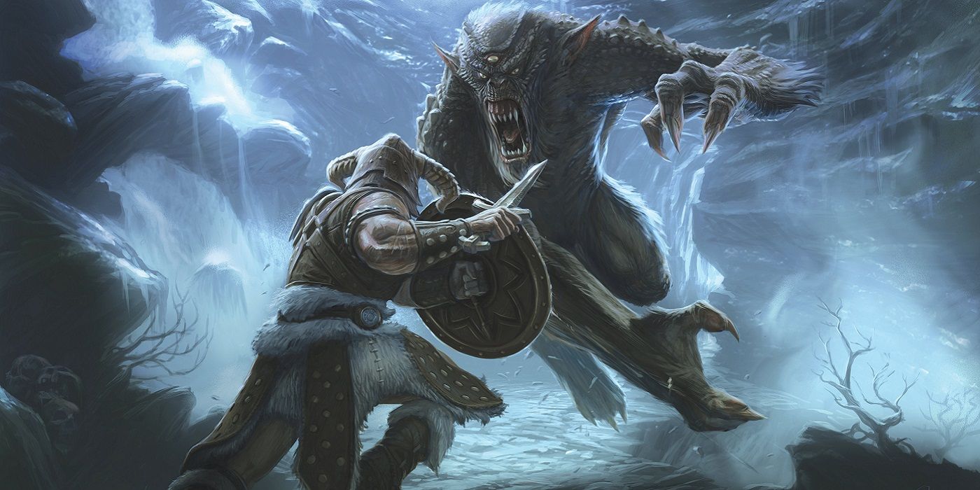 Artwork from Skyrim showing a battle between the player and a frost troll.