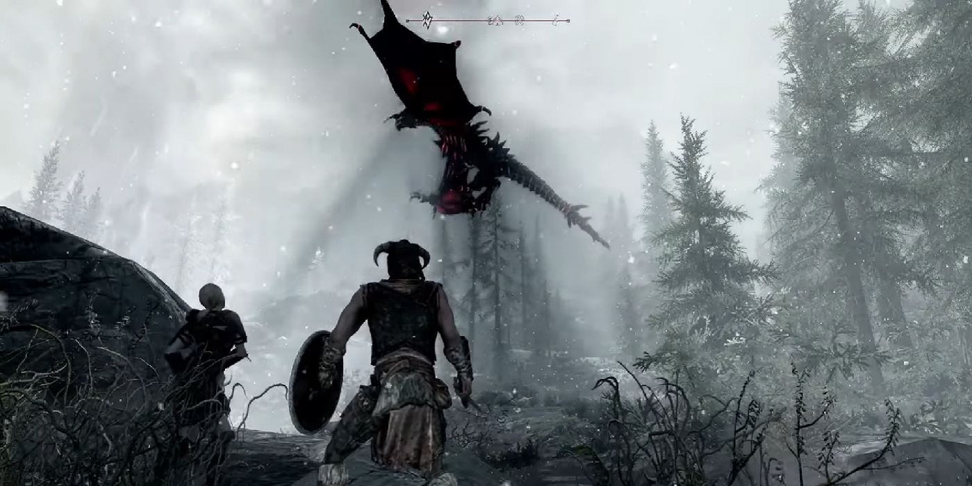 Screenshot from Skyrim third person mod showing the player about to fight a dragon.