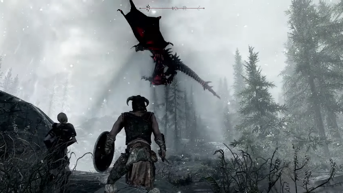 Screenshot from Skyrim third person mod showing the player about to fight a dragon.