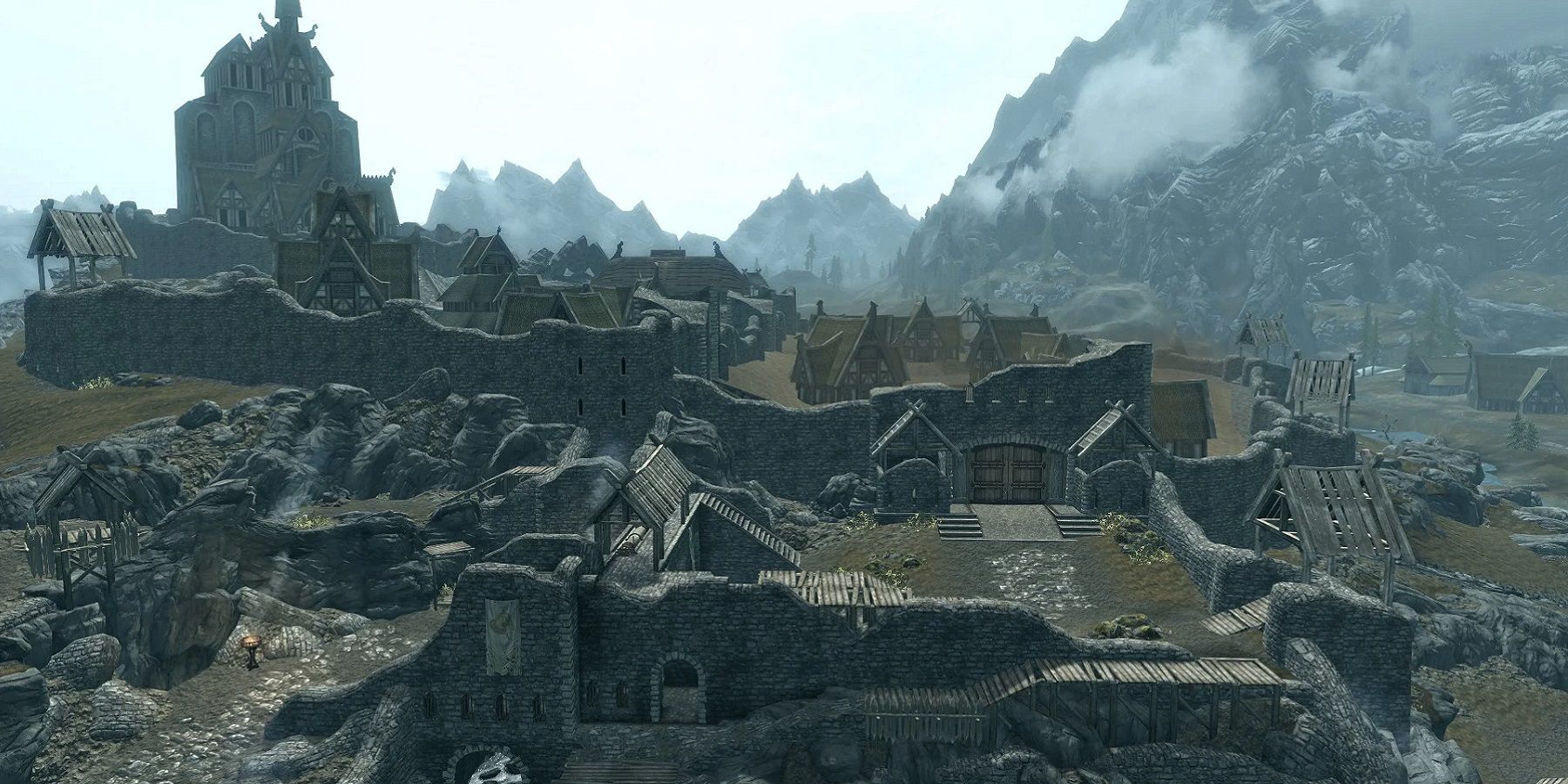A wide angle screenshot from Skyrim showing the whole city of Whiterun.