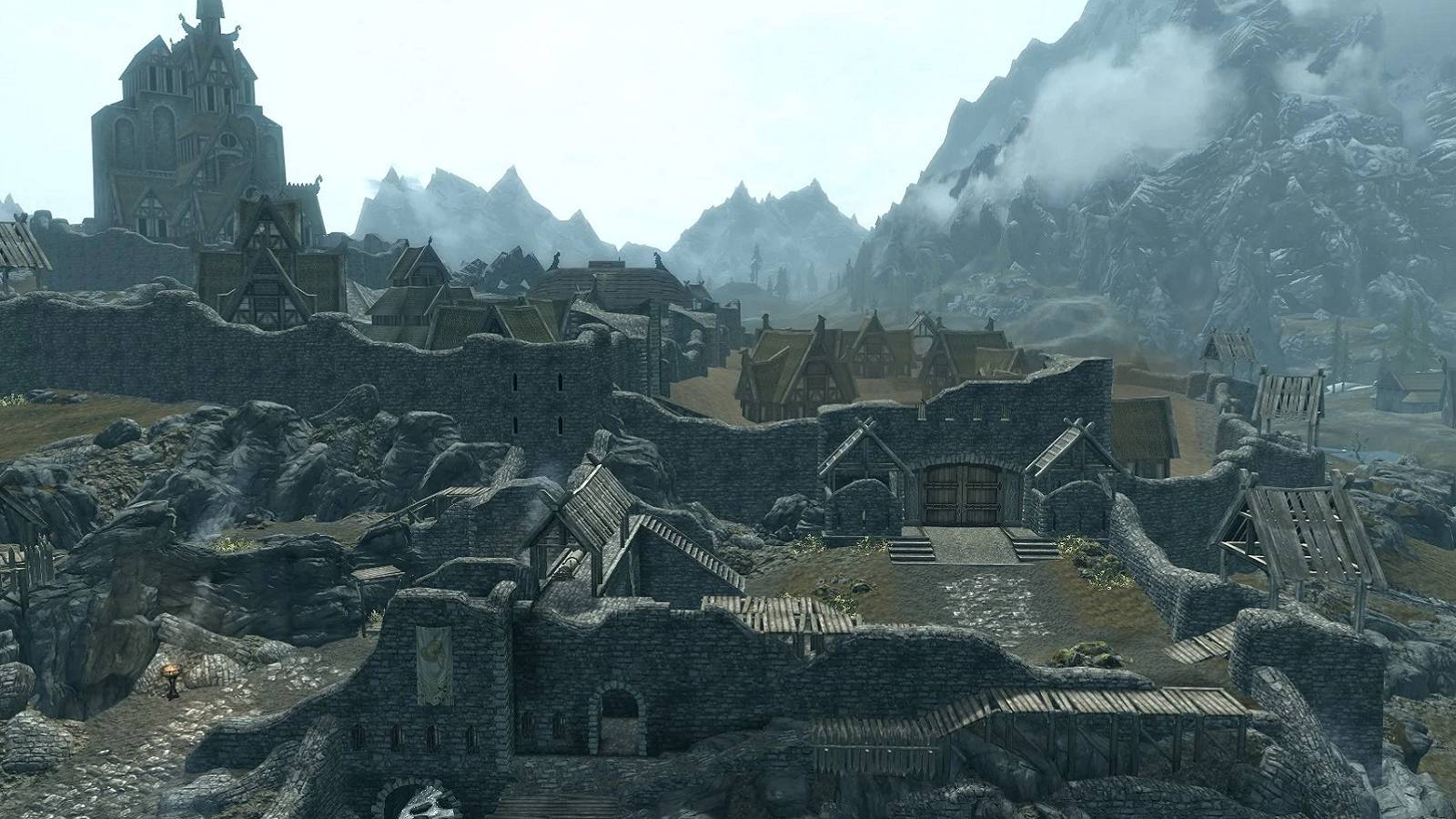 A wide angle screenshot from Skyrim showing the whole city of Whiterun.