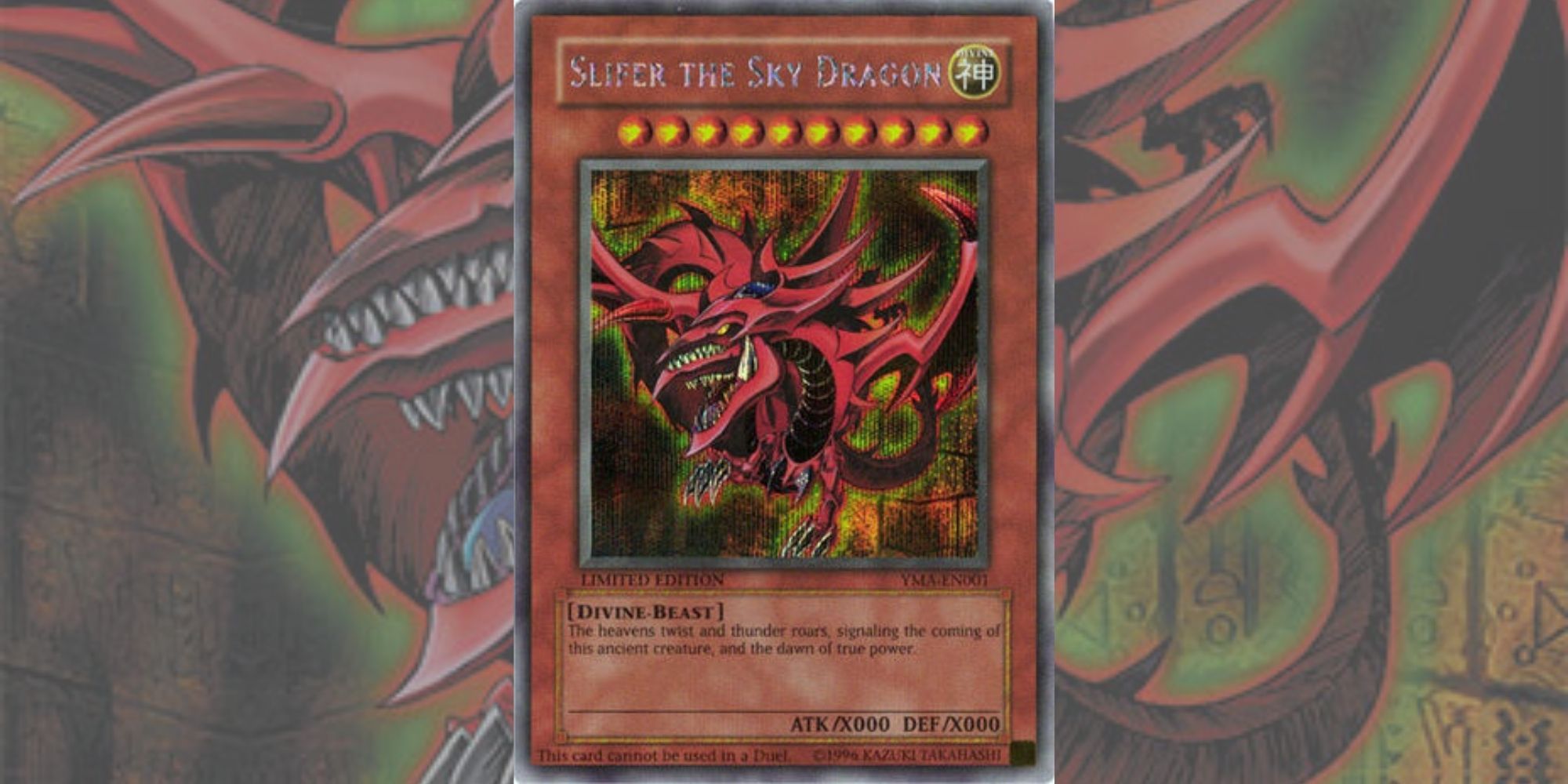 Yu-Gi-Oh! Card Slifer the Sky Dragon against background made from card art.