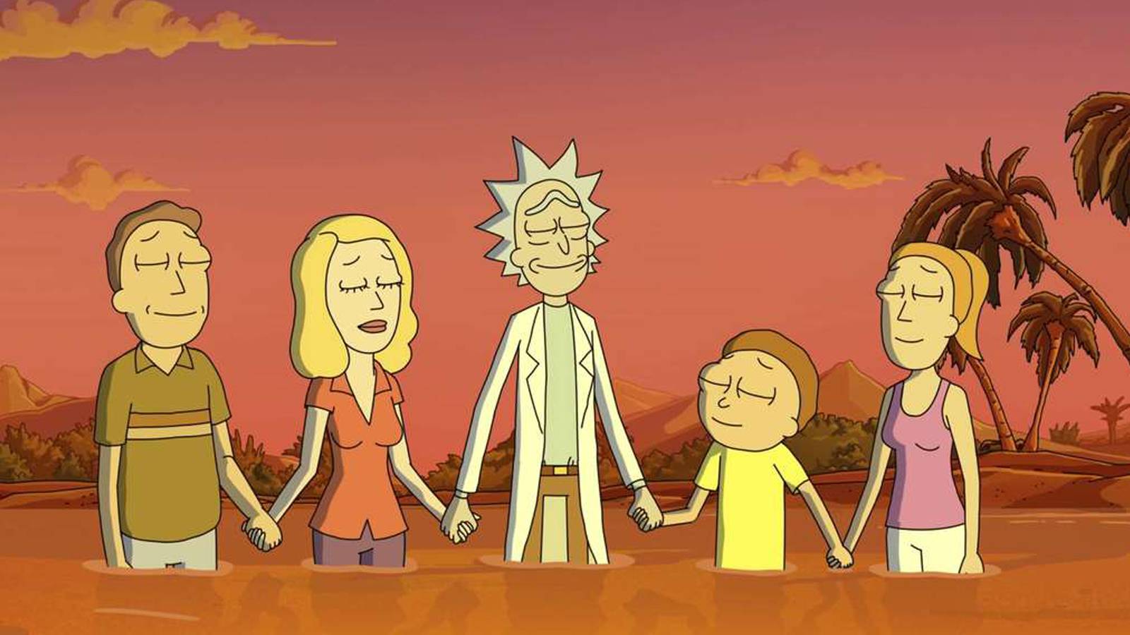 The Smith family and Rick in the ocean together holding hands.