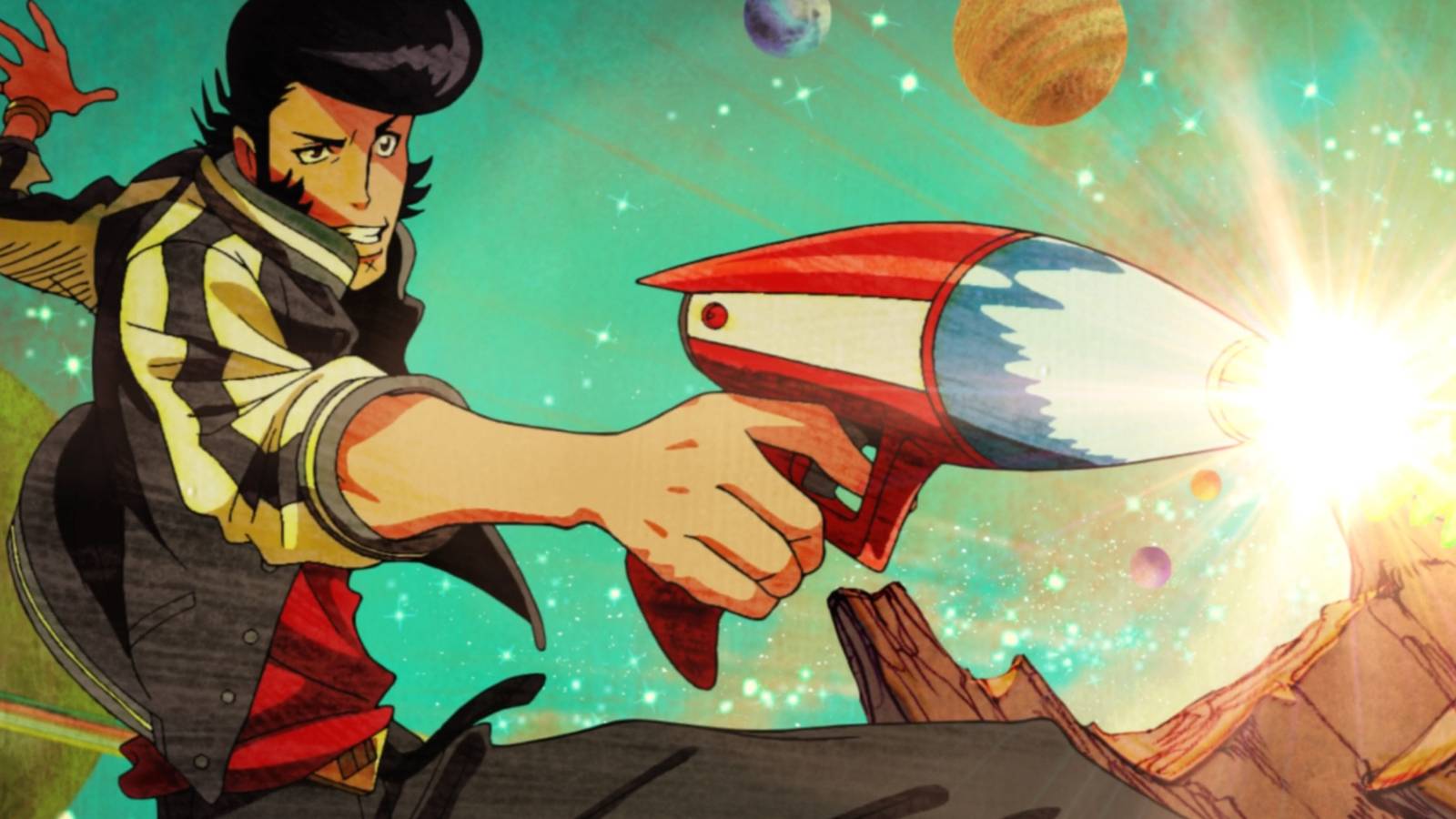 The titular Space Dandy on an alien planet, firing his blaster gun. 