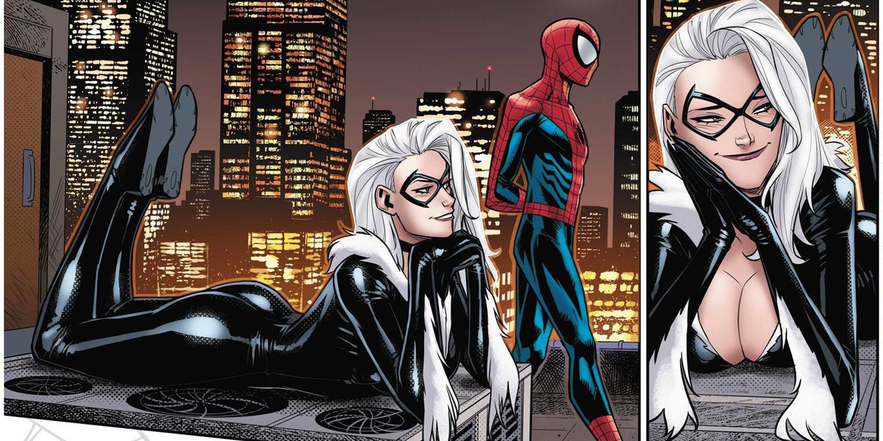 Comic panels with Black Cat and Spider-Man on a rooftop at night.