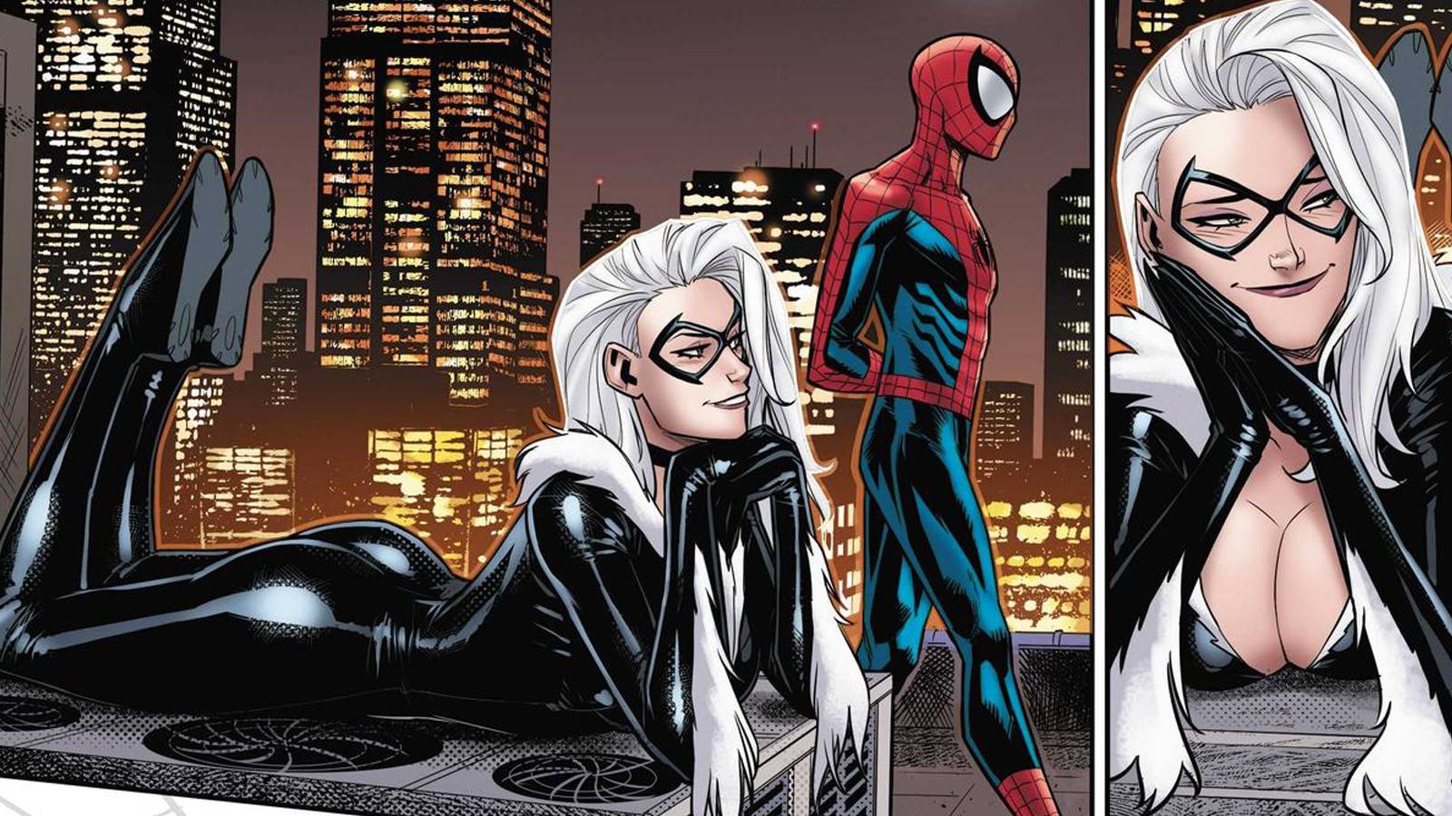 Comic panels with Black Cat and Spider-Man on a rooftop at night.