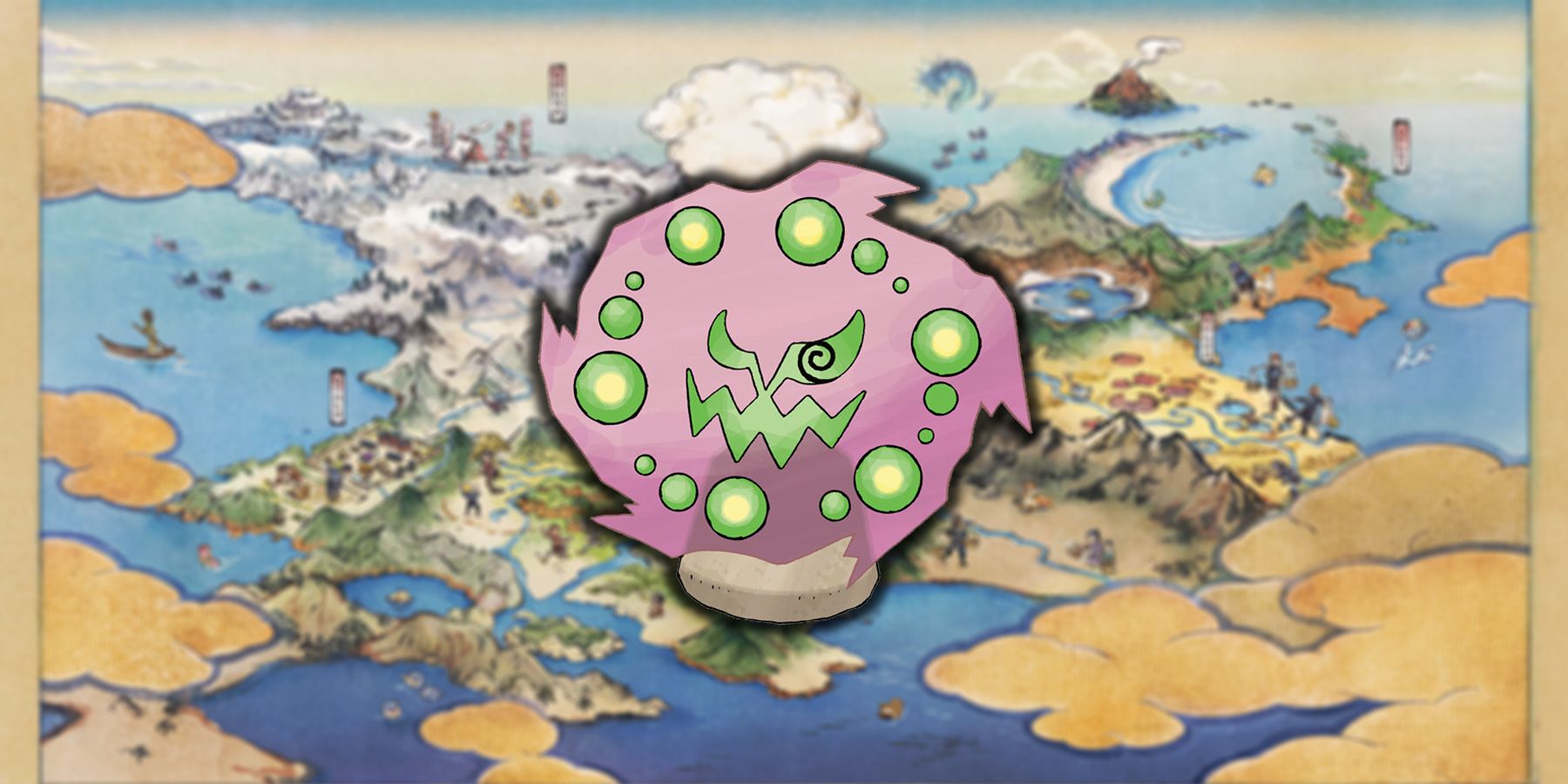 Spiritomb на фоне карты Pokemon Legends: Arceus.