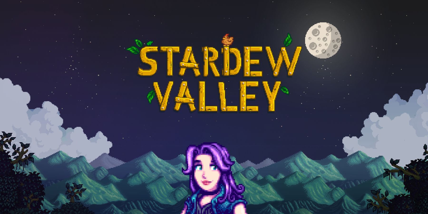 abigail on a moon-lit title screen of Stardew Valley