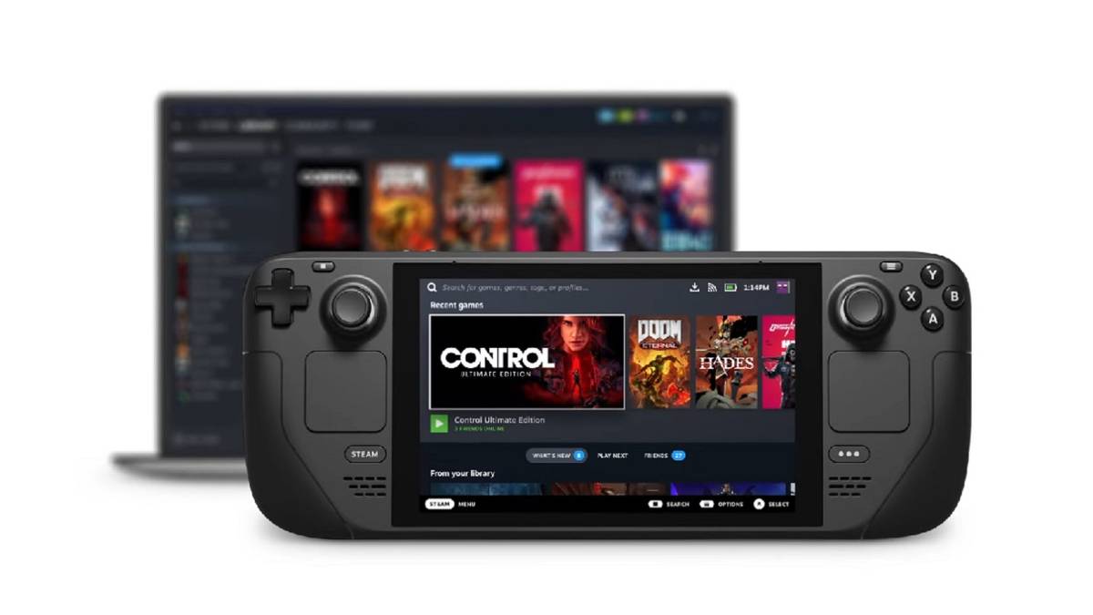 Photo showing the Steam Deck with a Steam laptop behind it, all on a white background.